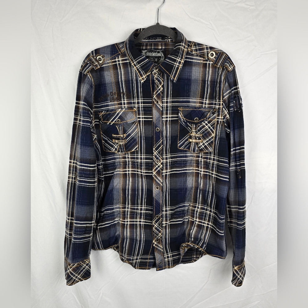 Buckle Black Label Slim Fit Plaid Snap Button Embroidered Long Sleeve Shirt sz L
